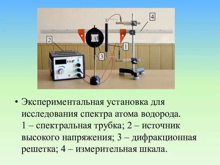 Экспериментальная установка для исследования спектра атома водорода. 1 – спектральная трубка;