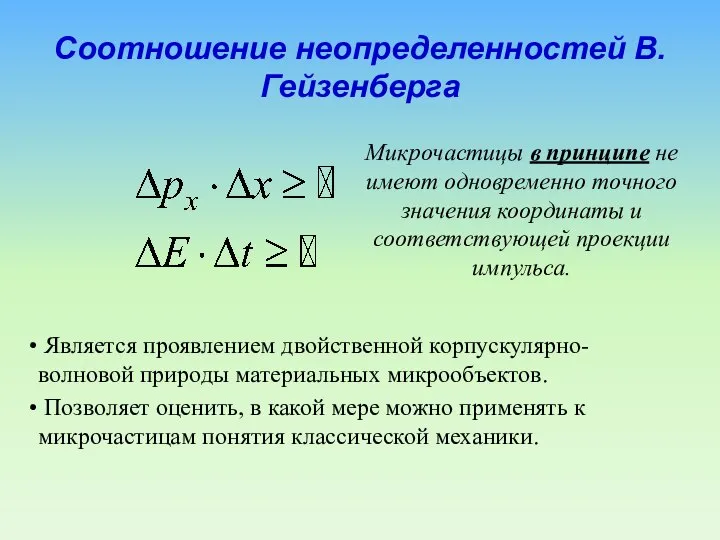 Соотношение неопределенностей В.Гейзенберга Микрочастицы в принципе не имеют одновременно точного значения