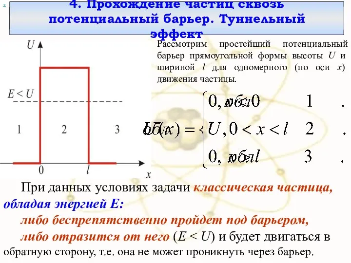 х 4. Прохождение частиц сквозь потенциальный барьер. Туннельный эффект Рассмотрим простейший