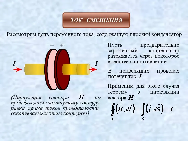 Рассмотрим цепь переменного тока, содержащую плоский конденсатор