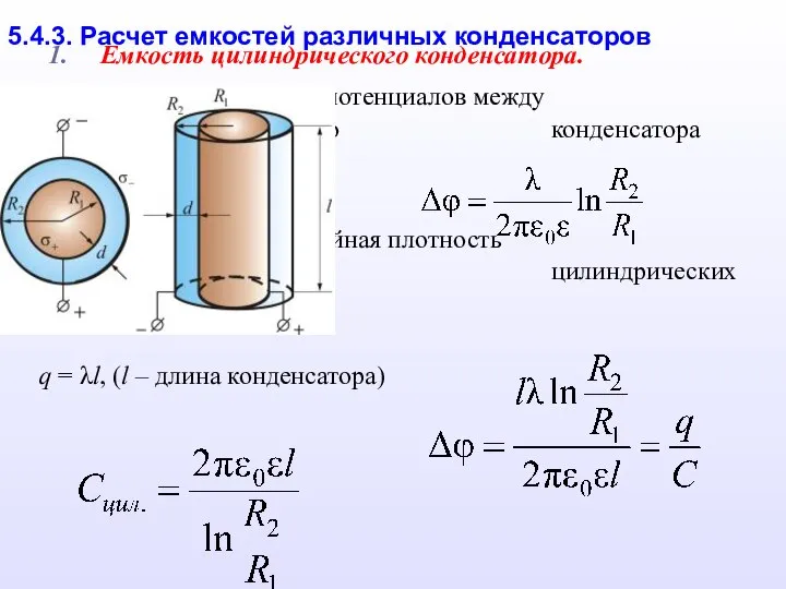 Емкость цилиндрического конденсатора. Разность потенциалов между обкладками цилиндрического конденсатора где λ