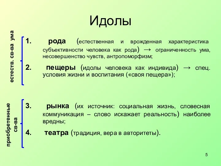 Идолы рода (естественная и врожденная характеристика субъективности человека как рода) →