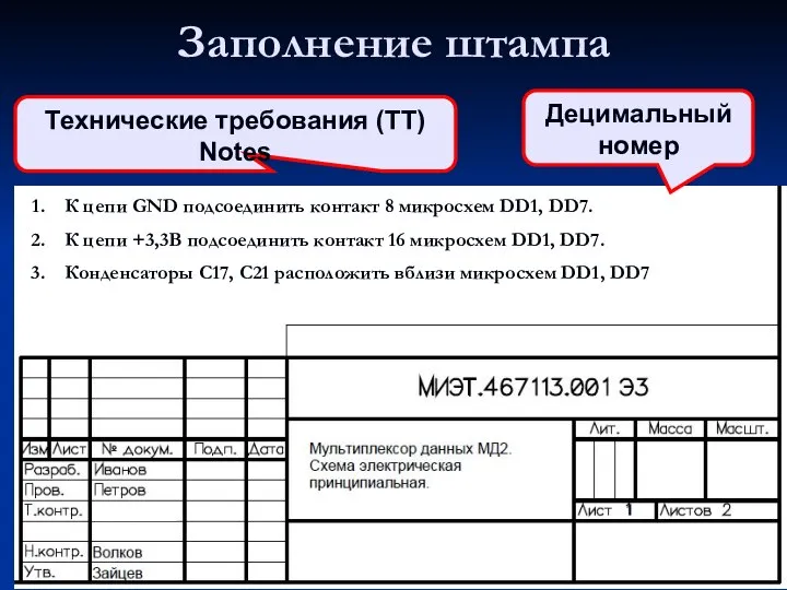 Заполнение штампа К цепи GND подсоединить контакт 8 микросхем DD1, DD7.