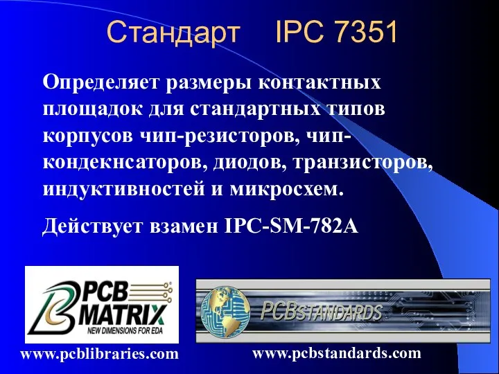Стандарт IPC 7351 Определяет размеры контактных площадок для стандартных типов корпусов