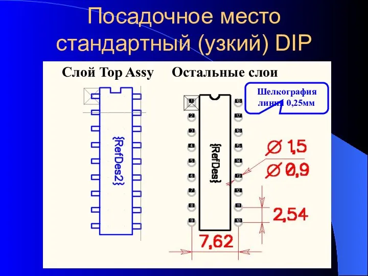 Посадочное место стандартный (узкий) DIP Слой Top Assy Остальные слои Шелкография линия 0,25мм