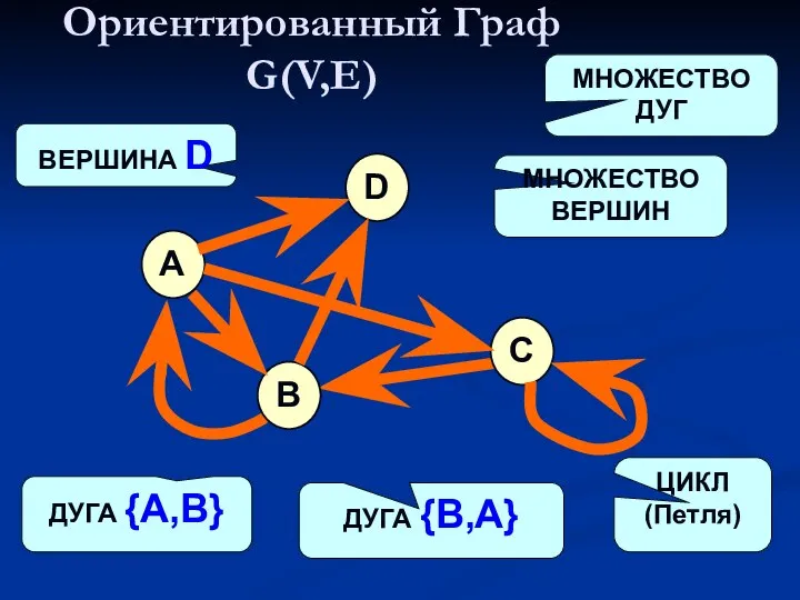 ДУГА {A,B} Ориентированный Граф G(V,E) A B D C ВЕРШИНА D