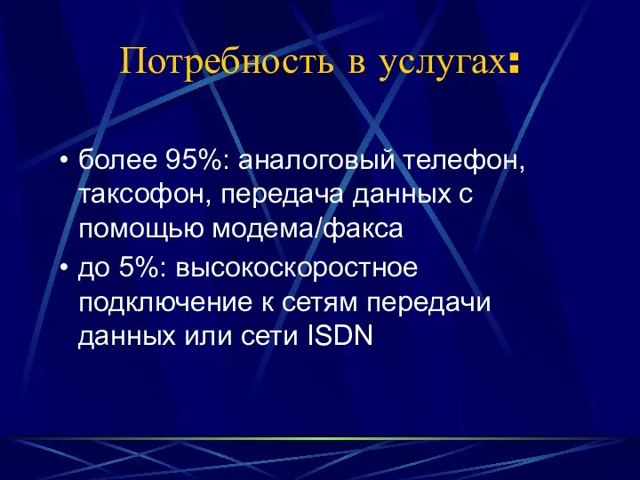 Потребность в услугах: более 95%: аналоговый телефон, таксофон, передача данных с