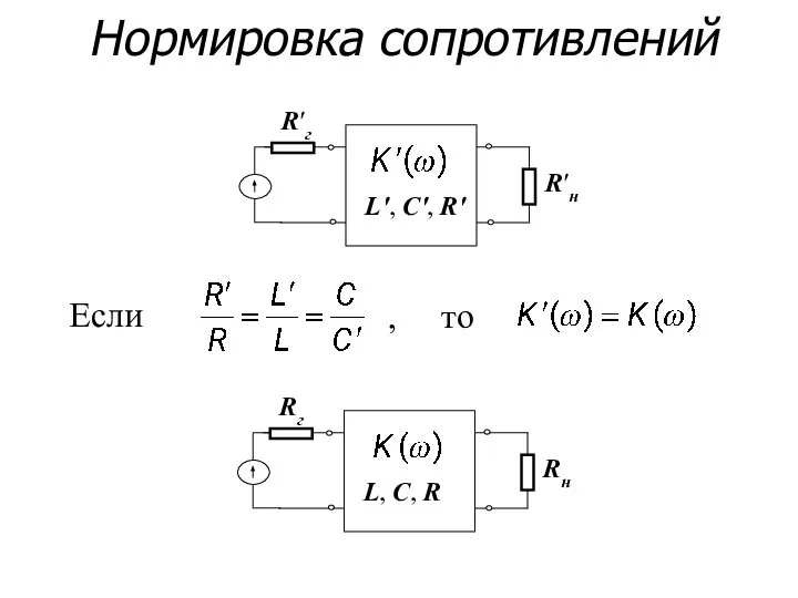 Нормировка сопротивлений R′г R′н L′, C′, R′ Rг Rн L, C, R Если , то