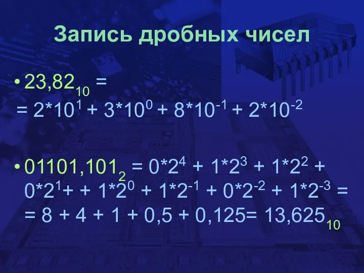 Запись дробных чисел 23,8210 = = 2*101 + 3*100 + 8*10-1
