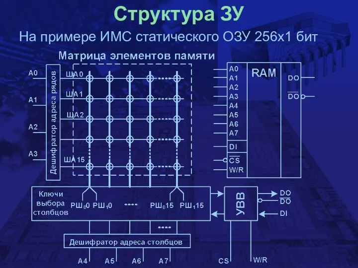 Структура ЗУ На примере ИМС статического ОЗУ 256х1 бит