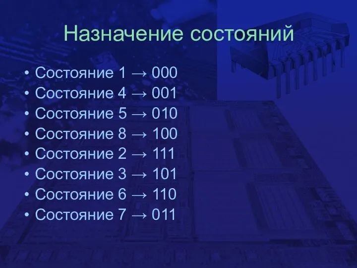 Назначение состояний Состояние 1 → 000 Состояние 4 → 001 Состояние