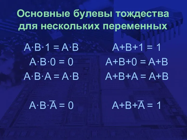 Основные булевы тождества для нескольких переменных A·B·1 = A·B A·B·0 =