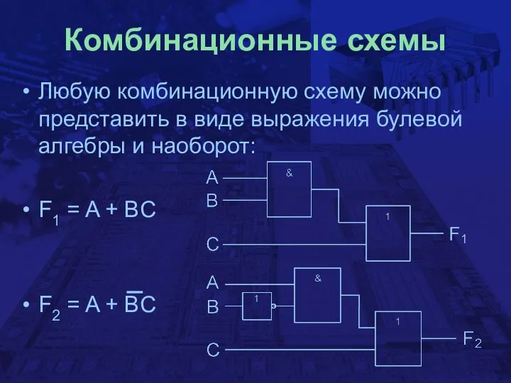 Комбинационные схемы Любую комбинационную схему можно представить в виде выражения булевой