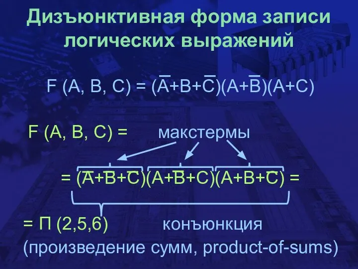 Дизъюнктивная форма записи логических выражений F (A, B, C) = (A+B+C)(A+B)(A+C)