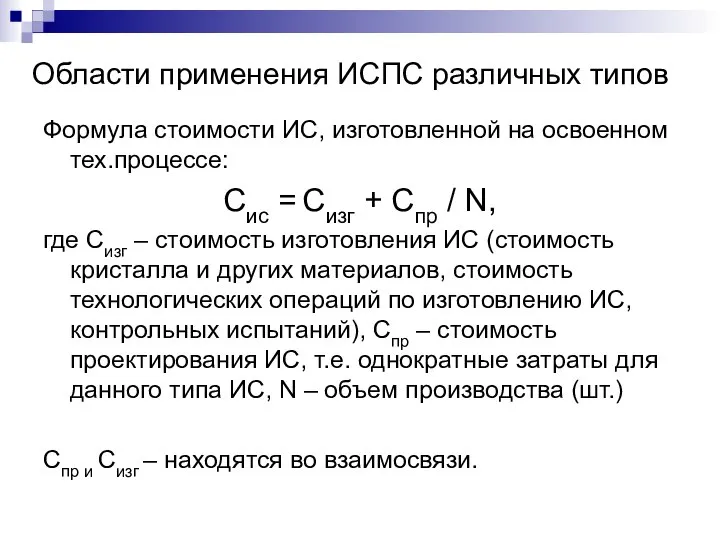 Области применения ИСПС различных типов Формула стоимости ИС, изготовленной на освоенном