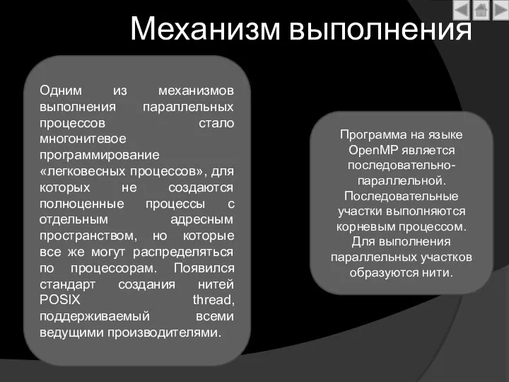 Механизм выполнения Одним из механизмов выполнения параллельных процессов стало многонитевое программирование