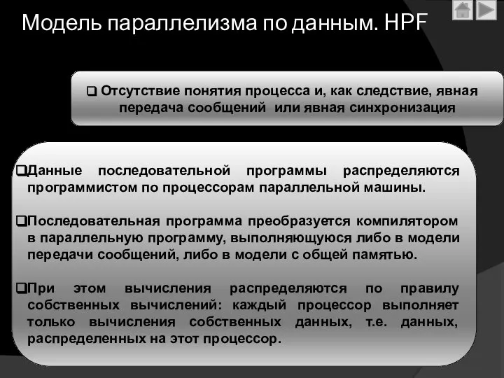 Модель параллелизма по данным. HPF Отсутствие понятия процесса и, как следствие,