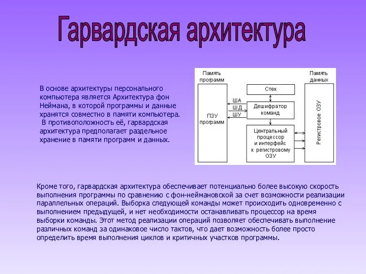 Гарвардская архитектура В основе архитектуры персонального компьютера является Архитектура фон Неймана,