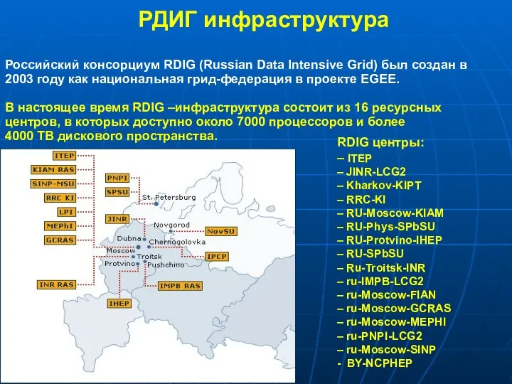Российский консорциум RDIG (Russian Data Intensive Grid) был создан в 2003