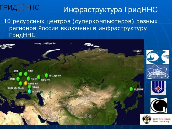 Инфраструктура ГридННС 10 ресурсных центров (суперкомпьютеров) разных регионов России включены в инфраструктуру ГридННС