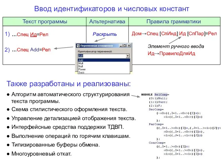 Ввод идентификаторов и числовых констант Текст программы Альтернатива Правила грамматики Раскрыть