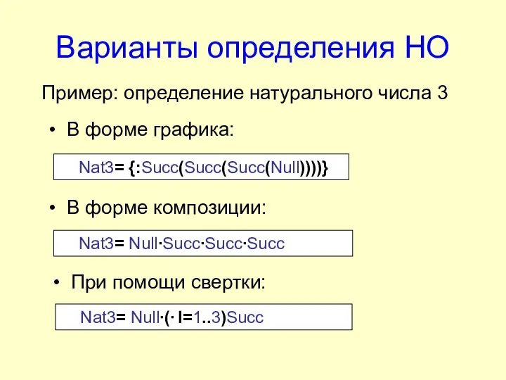 Варианты определения НО Пример: определение натурального числа 3 Nat3= Null∙Succ∙Succ∙Succ В