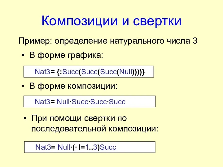 Композиции и свертки Пример: определение натурального числа 3 Nat3= Null∙Succ∙Succ∙Succ В