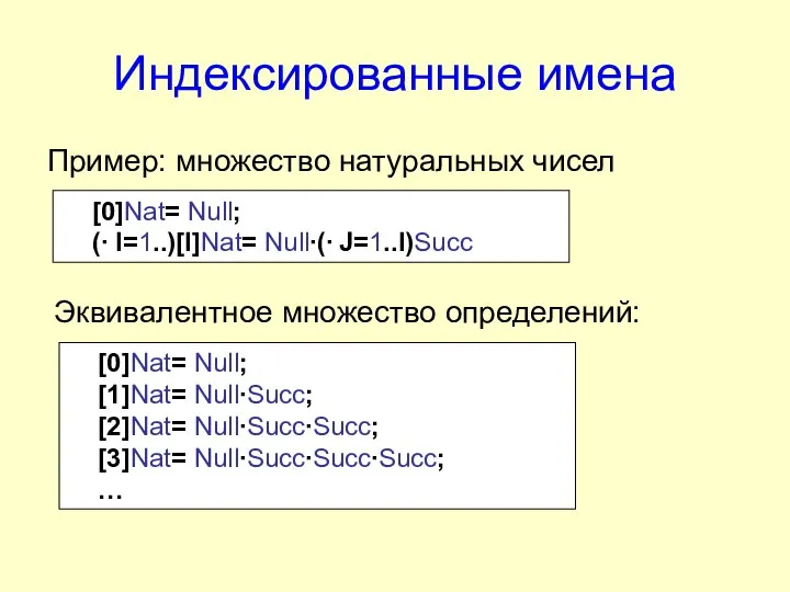 Индексированные имена Пример: множество натуральных чисел [0]Nat= Null; (∙ I=1..)[I]Nat= Null∙(∙