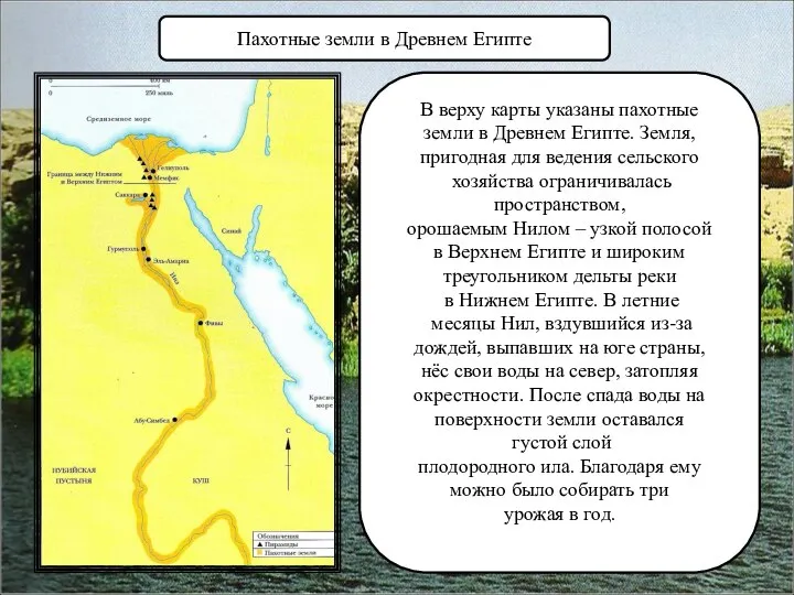 В верху карты указаны пахотные земли в Древнем Египте. Земля, пригодная