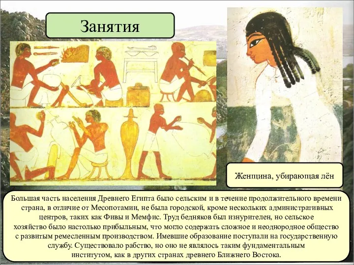 Занятия Большая часть населения Древнего Египта было сельским и в течение