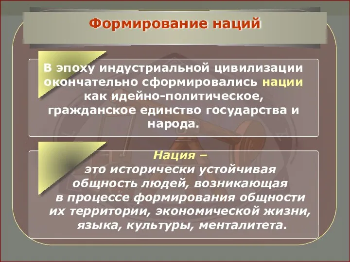 В эпоху индустриальной цивилизации окончательно сформировались нации как идейно-политическое, гражданское единство