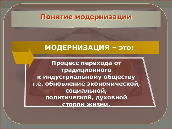 Процесс перехода от традиционного к индустриальному обществу т.е. обновление экономической, социальной,