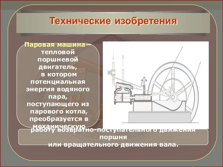 работу возвратно-поступательного движения поршня или вращательного движения вала. Паровая машина— тепловой