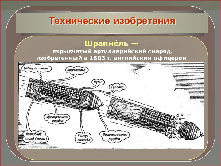 Шрапне́ль — взрывчатый артиллерийский снаряд, изобретенный в 1803 г. английским офицером