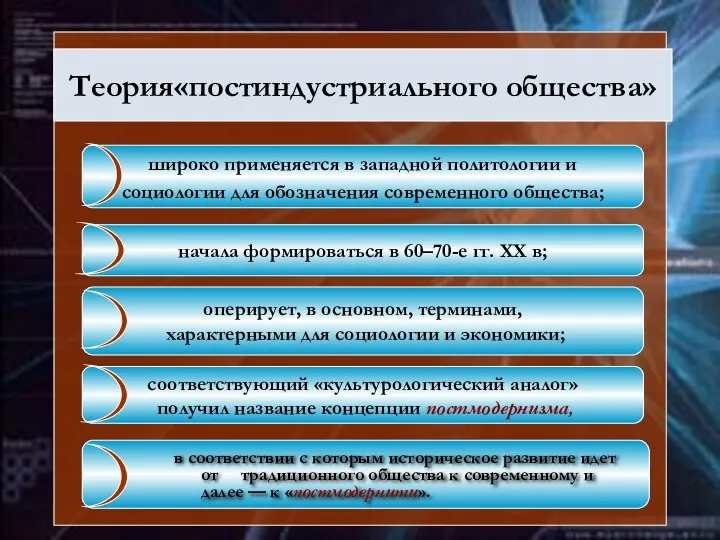 Теория«постиндустриального общества» широко применяется в западной политологии и социологии для обозначения