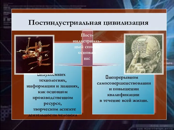 Постиндустриальная цивилизация наукоёмких технологиях, информации и знаниях, как основном производственном ресурсе,