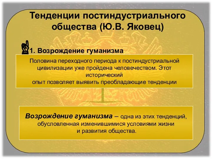 Тенденции постиндустриального общества (Ю.В. Яковец) 1. Возрождение гуманизма Половина переходного периода