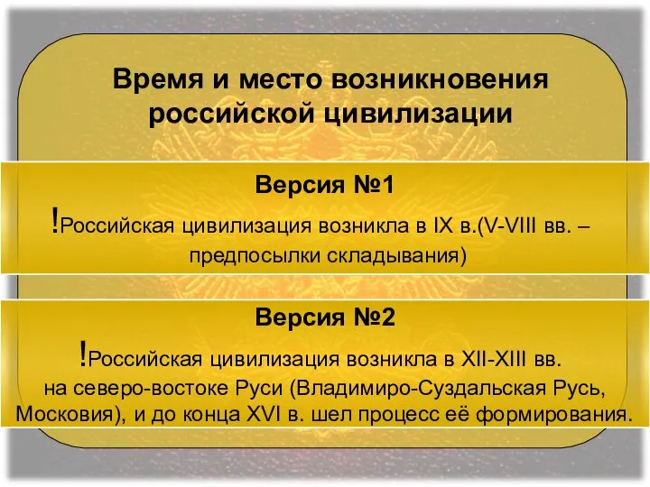 Время и место возникновения российской цивилизации Версия №1 Российская цивилизация возникла