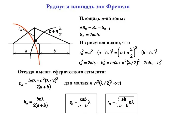 Площадь n-ой зоны: Отсюда высота сферического сегмента: Из рисунка видно, что