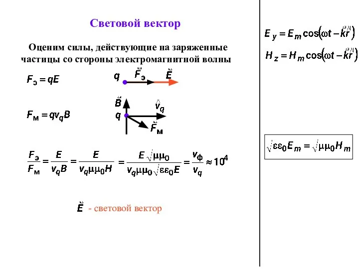 Световой вектор Оценим силы, действующие на заряженные частицы со стороны электромагнитной волны