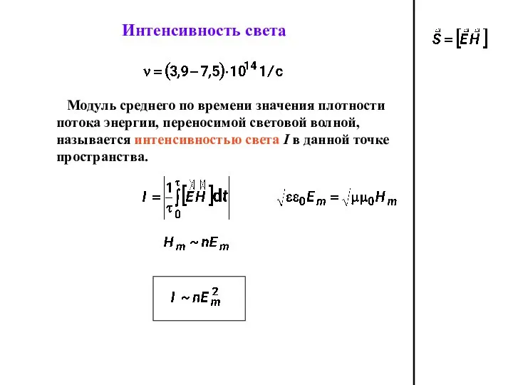 Интенсивность света Модуль среднего по времени значения плотности потока энергии, переносимой