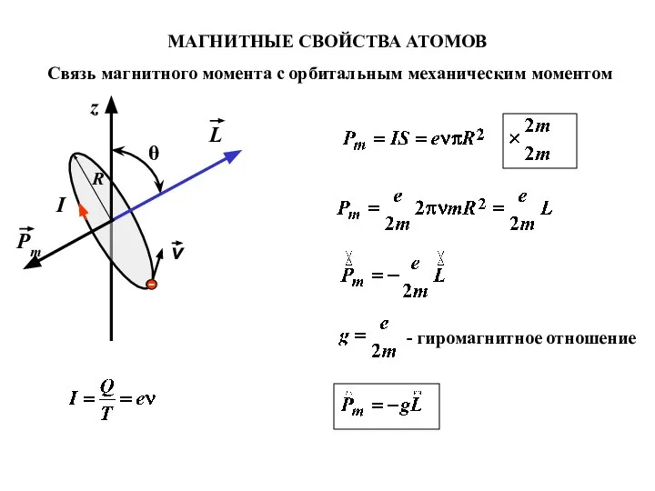 МАГНИТНЫЕ СВОЙСТВА АТОМОВ Связь магнитного момента с орбитальным механическим моментом - гиромагнитное отношение