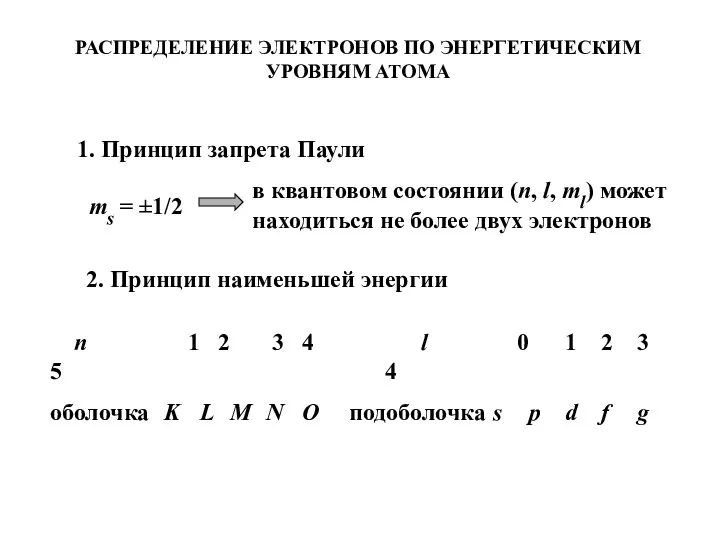 РАСПРЕДЕЛЕНИЕ ЭЛЕКТРОНОВ ПО ЭНЕРГЕТИЧЕСКИМ УРОВНЯМ АТОМА 1. Принцип запрета Паули ms