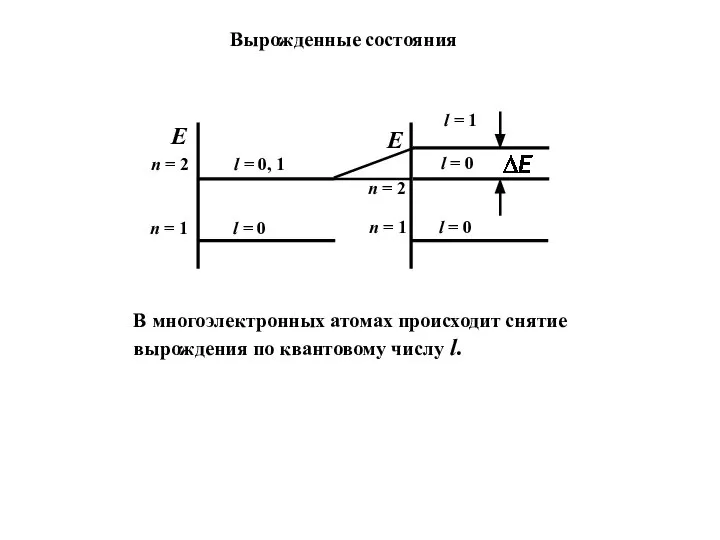 Вырожденные состояния В многоэлектронных атомах происходит снятие вырождения по квантовому числу l.