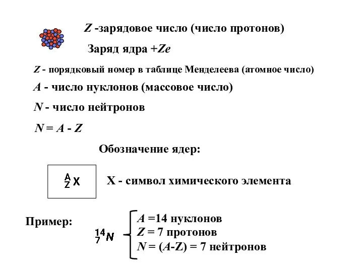 Z -зарядовое число (число протонов) Заряд ядра +Ze Z - порядковый