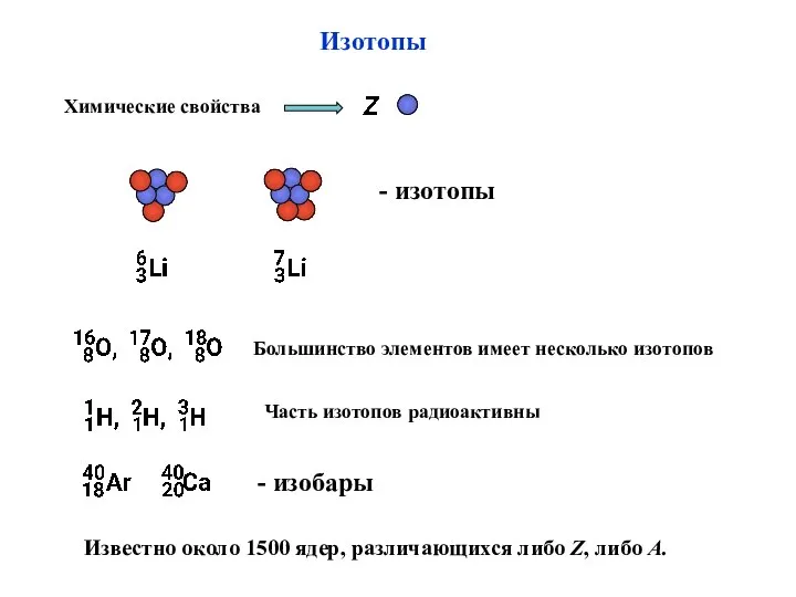 Изотопы Химические свойства - изотопы Большинство элементов имеет несколько изотопов -
