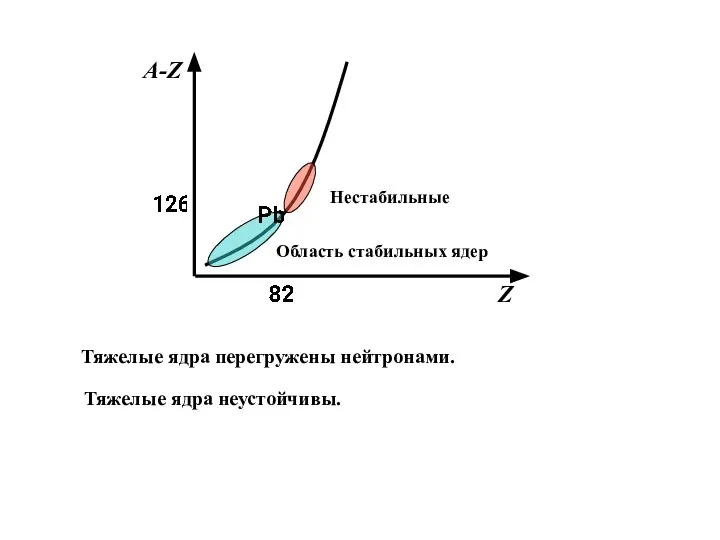 Область стабильных ядер Нестабильные Тяжелые ядра перегружены нейтронами. Тяжелые ядра неустойчивы.