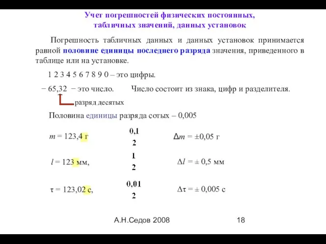 А.Н.Седов 2008 Погрешность табличных данных и данных установок принимается равной половине