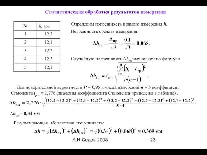 А.Н.Седов 2008 Статистическая обработка результатов измерения Определим погрешность прямого измерения h.