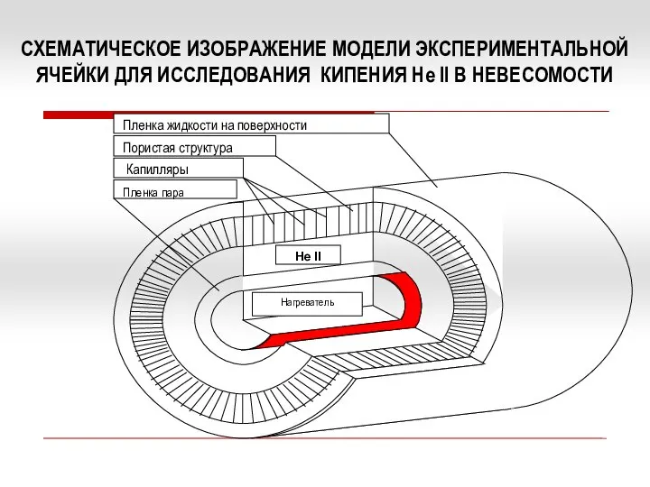 СХЕМАТИЧЕСКОЕ ИЗОБРАЖЕНИЕ МОДЕЛИ ЭКСПЕРИМЕНТАЛЬНОЙ ЯЧЕЙКИ ДЛЯ ИССЛЕДОВАНИЯ КИПЕНИЯ Не II В НЕВЕСОМОСТИ